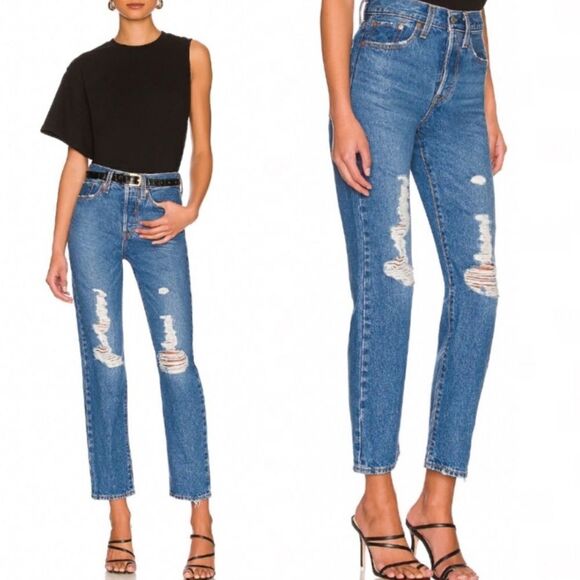LEVIS Wedgie Straight Jean Blue Denim Size 29 x 26 Distressed Button Fly @L - Picture 1 of 11